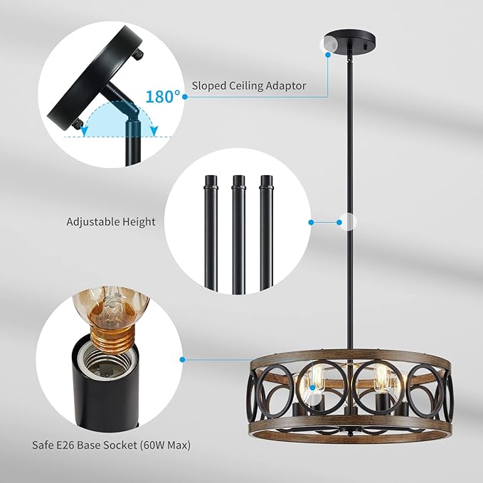 XINGQI 21.7'' Modern Chandelier, Farmhouse Drum Chandeliers for Dining Room Living Room Bedroom 5-Light Pendant Lighting Round Black Metal Antique Wood Grain Finish Adjustable-Ruum Studio Home