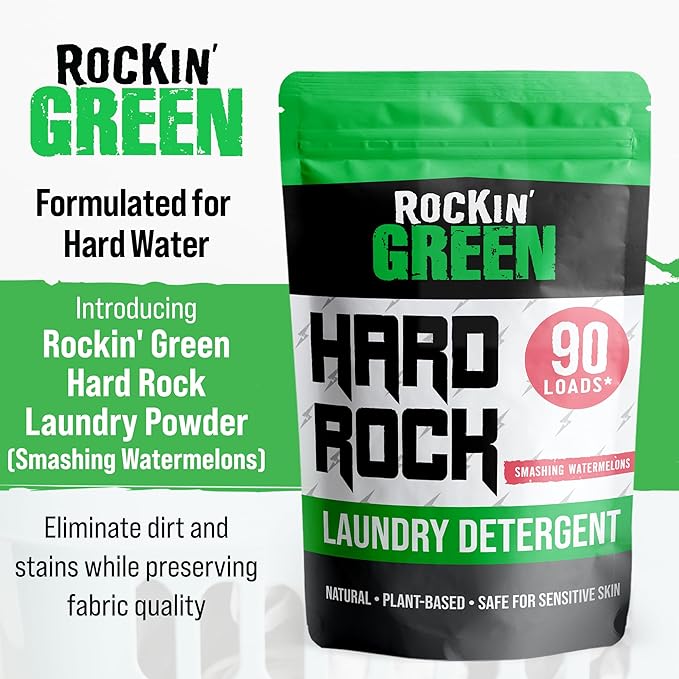 Rockin' Green Hard Rock Laundry Detergent for Hard Water (90 Loads), Plant based, Natural Laundry Detergent Powder, Biodegradable Odor Fighter, Safe for Sensitive Skin, 45 oz (Smashing Watermelons)-Ruum Studio Home