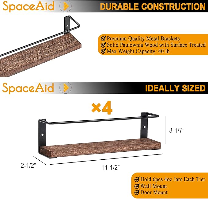 SpaceAid Spice Rack with 24 Spice Jars, 386 Spice Labels, Chalk Marker and Funnel, Wood Hanging Seasoning Shelf for Cabinet Door or Wall Mount (4 Pack)-Ruum Studio Home