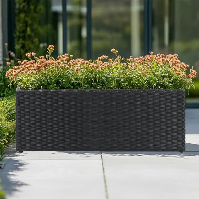 LEWIS&WAYNE Large Rectangular Block Planter Box Handmade Wicker Tall Planters for Outdoor Plants with Removable Liners Modern Planter for Indoor Outdoor Patio Deck - Black, 30''x12''x16''-Ruum Studio Home