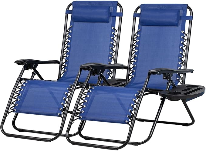 Nazhura Set of 2 Relaxing Recliners Patio Chairs Adjustable Steel Mesh Zero Gravity Lounge Chair Beach Chairs with Pillow and Cup Holder (Blue)-Ruum Studio Home