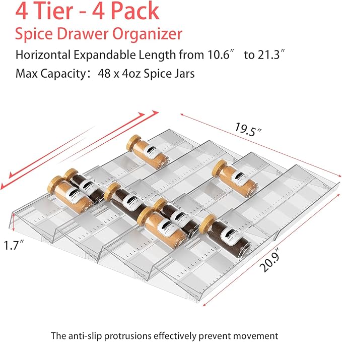 4-Tier Non-Slip Spice Drawer Organizer, 4-Pack Checkered Frosted Clear Acrylic, Expandable (11''-22'') Spice Rack for Kitchen Drawer Storage – Holds Seasonings, Herbs, and Spices (Jars Not Included)-Ruum Studio Home