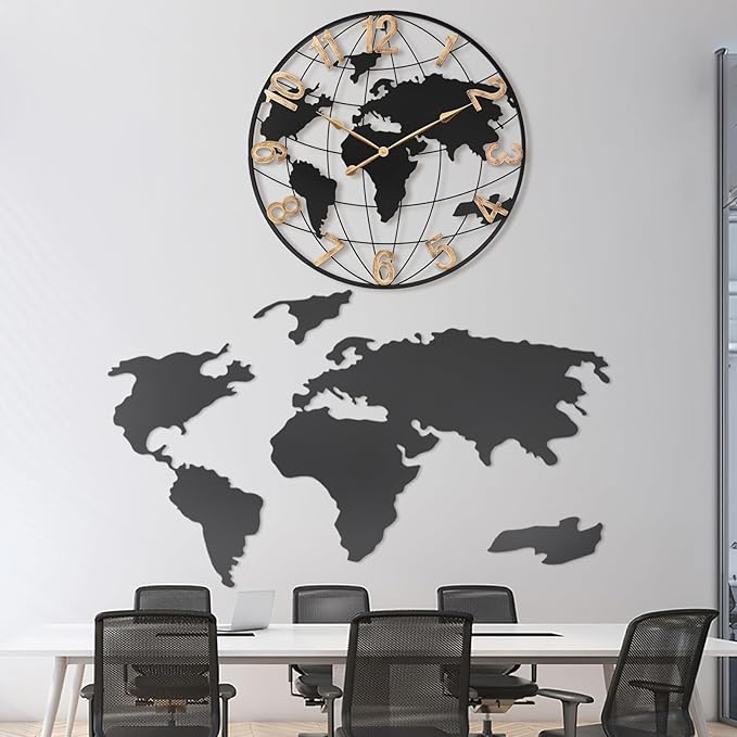 30 Inch Extra Giant Large Wall Clock Oversized,Black Big Metal Modern Decorative Silent World Map Wall Clock with Vintage Gold Roman Numeral for Office,Living Room,Kitchen,Dining Room Decor-Ruum Studio Home