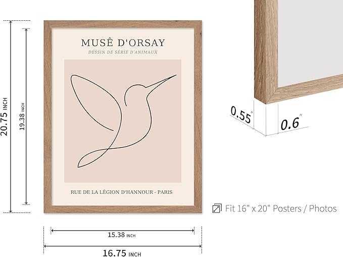 Poster Master Vintage Poster - Retro One Line Hummingbird Drawing Print - Bird Line Art - Minimal Gift for Him, Her, Animal Lover - Abstract Decor for Home, Office, 16x20 Beige Framed-Ruum Studio Home