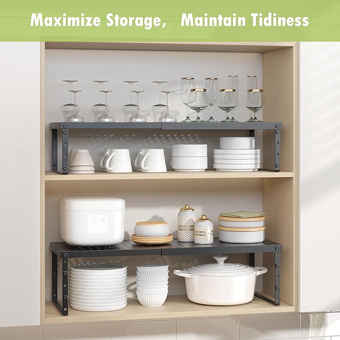 Expandable Cabinet Organizer Shelf With Adjustable Height, Stackable Kitchen Countertop Organizer Rack, Adjustable Shelf Riser For Kitchen Counter, Pantry, Cupboard, Desk, Tabletop-Ruum Studio Home