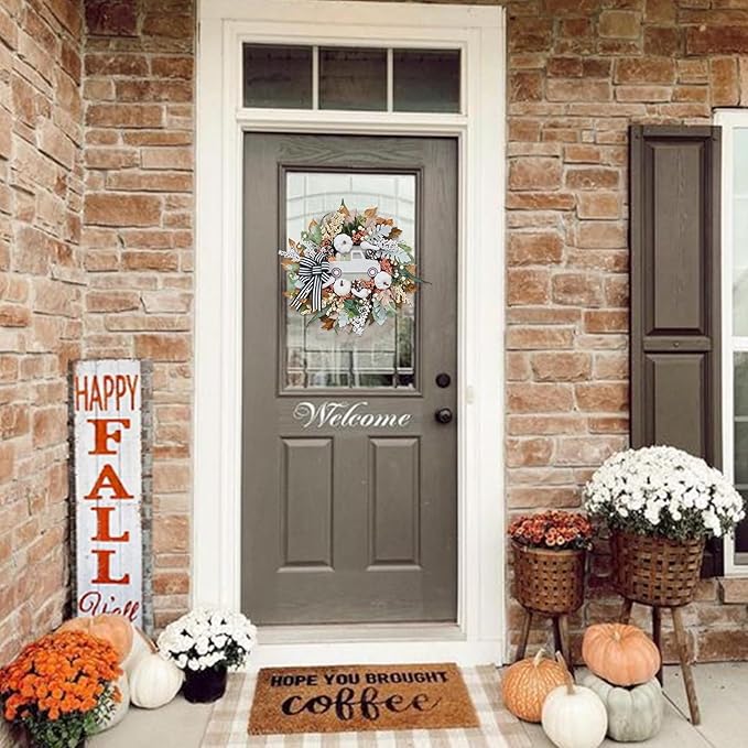 Fall Wreath for Front Door,20 inch White Pumpkin Door Wreath with Truck and Bow, Harvest Porch Decor, Fall Decoration Indoor Outdoor,-Ruum Studio Home