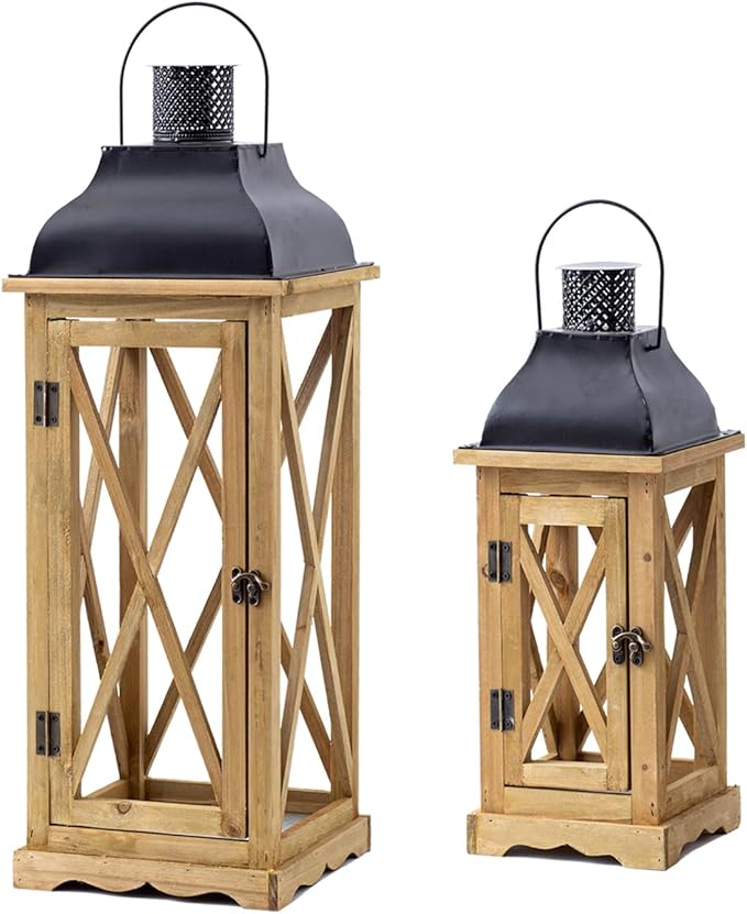 Farmhouse Wooden Metal Candle Lantern Set of 2, Rustic Large Decorative Floor Lanterns, Indoor/Outdoor Hurricane Lantern for Home Decor (No Glass)-Ruum Studio Home
