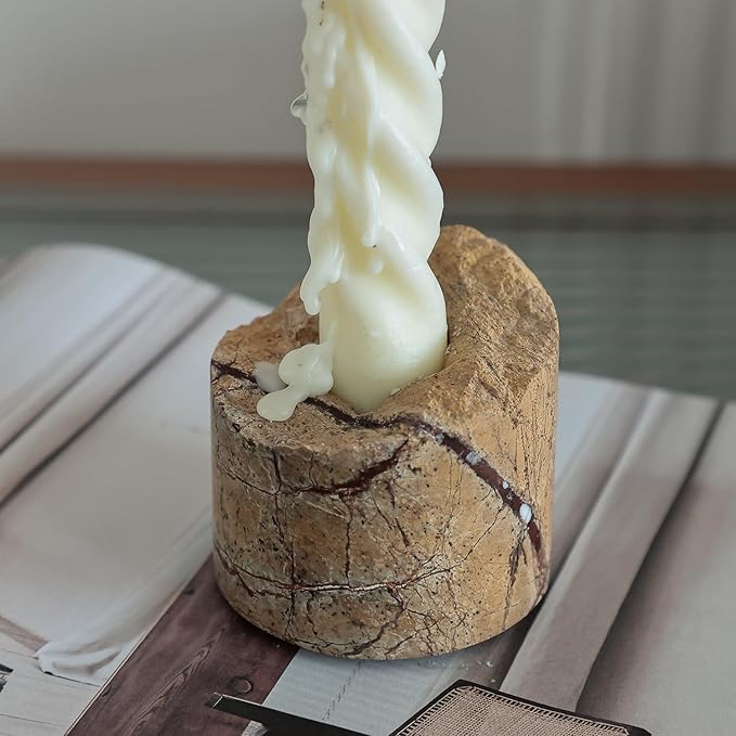 Travertine Candle Holder - Handmade Marble Candlestick Holder for Taper Candle - Vintage Small Stone Candle Sticks Holder Decor for Table Centerpieces, Wedding, Party, Fits 3/4 Inch Thick Candle-Ruum Studio Home