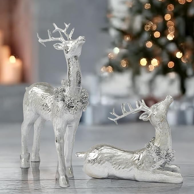 DN DECONATION Christmas Reindeer Figurines, Winter Deer Small Statues Decor, Silver Decorative Reindeer Sculptures, Resin Xmas Holiday Home Décor Accents for Office Living Room & Bedroom 2PCS-Ruum Studio Home