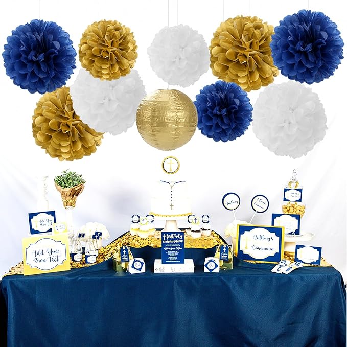 Navy-Blue Gold Party-Decorations Paper-Flowers Lanterns - 15PCS Royal White Baby Bridal Shower Tissue Pom Poms Streamers, Bachelorette Birthday Wedding Graduation Hanging Supplies Decor Hugfond-Ruum Studio Home
