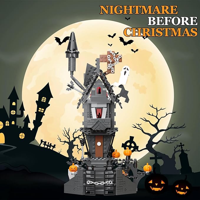 Mini Bricks Haunted Graveyard House Building Set - 1092 PCS Halloween Spooky Construction Toy Kit for Kids & Adults (Not Compatible with )-Ruum Studio Home