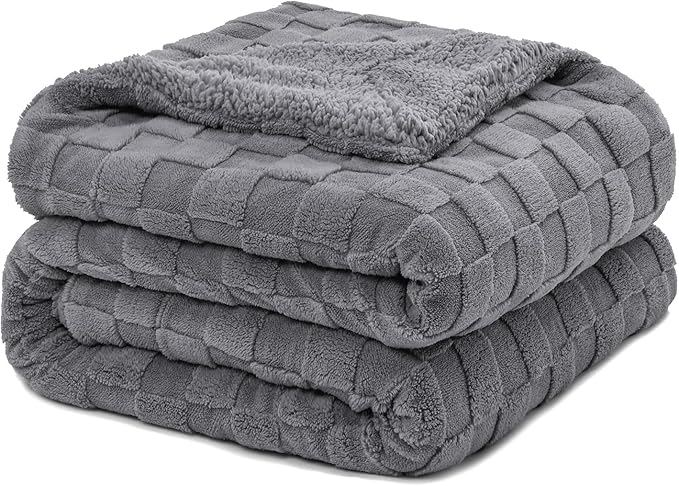 Pawque Super Soft Cozy Throw Blanket for Couch Sofa Bed - Fluffy Sherpa Fleece Reversible Thick Warm Fuzzy Blanket for All-Season, 3D Checkered Jacquard Elegant Decorative Blankets, Grey, 50" x 60"-Ruum Studio Home