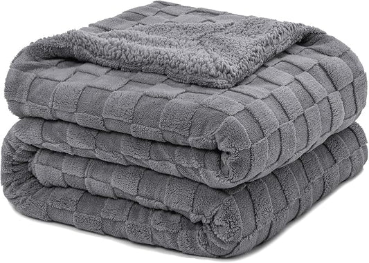 Pawque Super Soft Cozy Throw Blanket for Couch Sofa Bed - Fluffy Sherpa Fleece Reversible Thick Warm Fuzzy Blanket for All-Season, 3D Checkered Jacquard Elegant Decorative Blankets, Grey, 50" x 60"-Ruum Studio Home