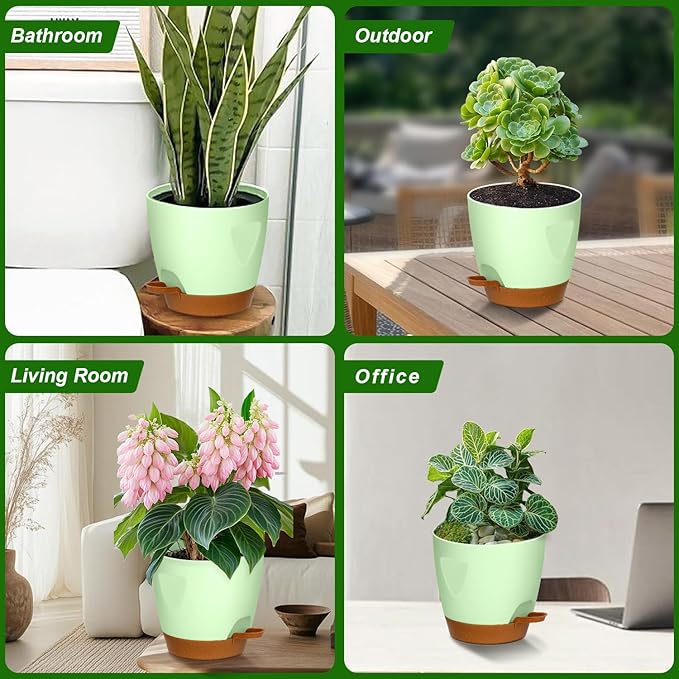 Uneed Indoor Self Watering Planters with Drainage Holes and Saucers, 7/6.5/6/5.5/5 Inch-5 Pots,for Indoor Plants, Herbs, Succulents-Green-Ruum Studio Home