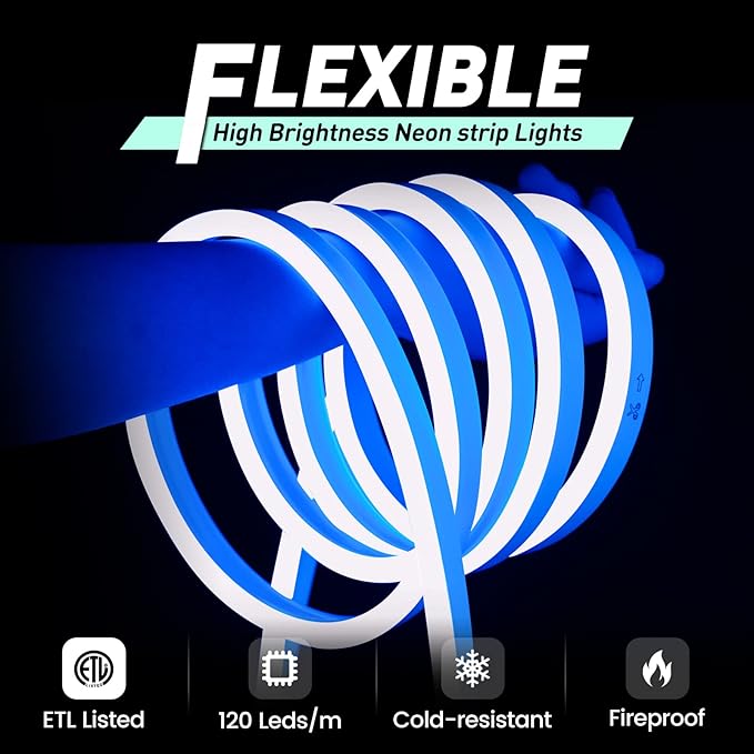 GZBtech Flexible LED Neon Rope Lights 66FT,AC 110-120V Waterproof Strip Light, 120 LEDs/M Cuttable Connectable Neon Lighting for Indoor Outdoor Home Decor/Commercial Building Use-Blue 20M-Ruum Studio Home