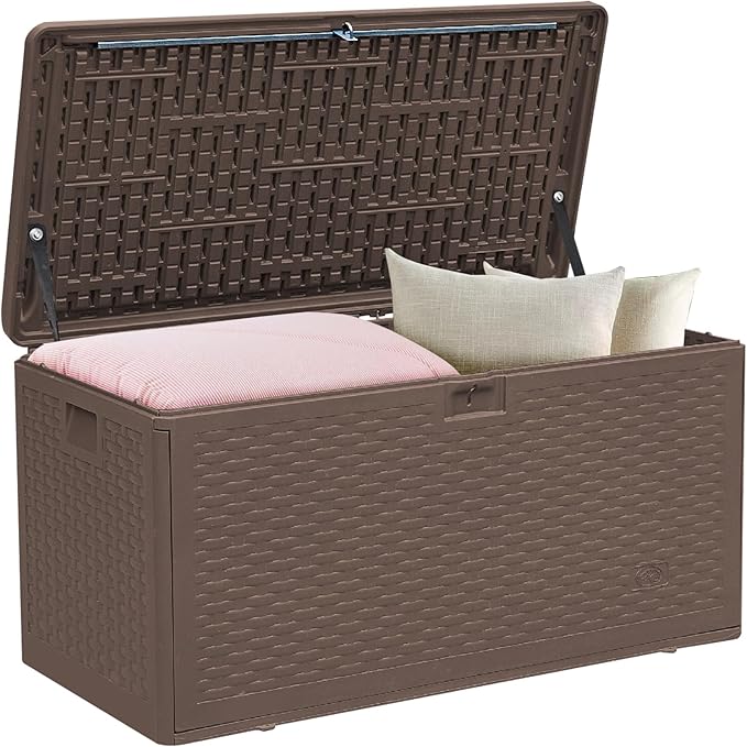 73 Gallon Pro Waterproof Outdoor Storage Pro Resin Deck Box Bin for Patio, Poolside, and Garden, Lockable & UV-Resistant, Ideal for Small Spaces, Brown-Ruum Studio Home