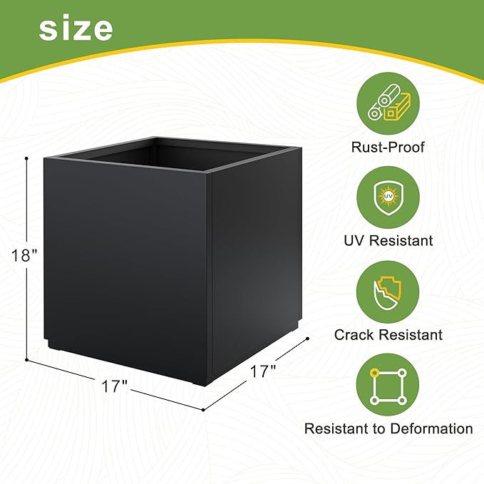 FENCY Large Square Planter 17" L x 17" W x 18" H, Planters for Outdoor Plants, Large Outdoor Planters for Porch Patio, Black Square Planter with Drainage Hole, All-Weather Use Cube Planter-Ruum Studio Home