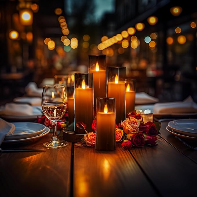 Homemory Decorative Flameless Candles, Battery Operated Candles with Remote & Timer, Flickering Led Pillar Candles, Plexiglass, Grey, Pack of 9, D2.2 xH 5" 6" 7"-Ruum Studio Home