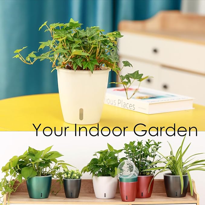 Self Watering Pots for Indoor Plants, 6-Pack 5'' Self Watering Planter with Drainage Holes, Small African Violet Pots with Water Indicator, Clear Wick Orchid Pot, Blue Gold-Ruum Studio Home