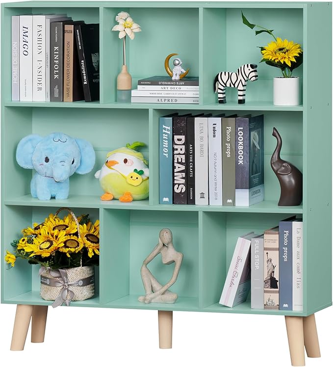 LEYAOYAO 8 Cube Bookshelf 3-Tier Bookcase with Legs, Mint-Green Kids Book Shelf Cute Storage Organizer, Large Open Toy Shelves Modern Bookshelves,Display Bookcases for Bedroom,Living Room,Nursery-Ruum Studio Home