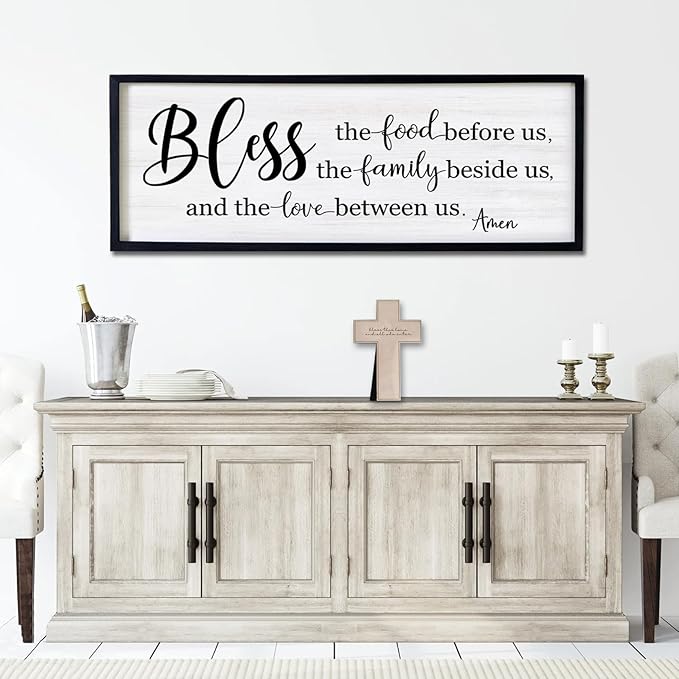 Bless the Food Before Us, the Family Beside Us, and the Love between us Framed Wall Art for Dining Room, 40''×15'' Holy Positive Religious Rustic Bible Verse for Christian God Jesus Christ Prayer-Ruum Studio Home