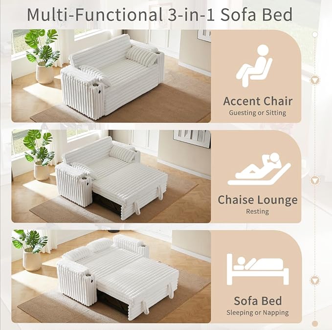 68.11" Corduroy Sleeper Chair Bed with USB Port, Cup Holders & Side Storage Pockets – 3-in-1 Foldable Sofa Bed for Guest Room, Living Room -White-Ruum Studio Home