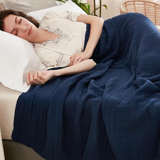 EMME Cotton Muslin Blanket King Size - Soft, Breathable Layering Blanket, 108"x90", All Season Gauze, Navy-Ruum Studio Home