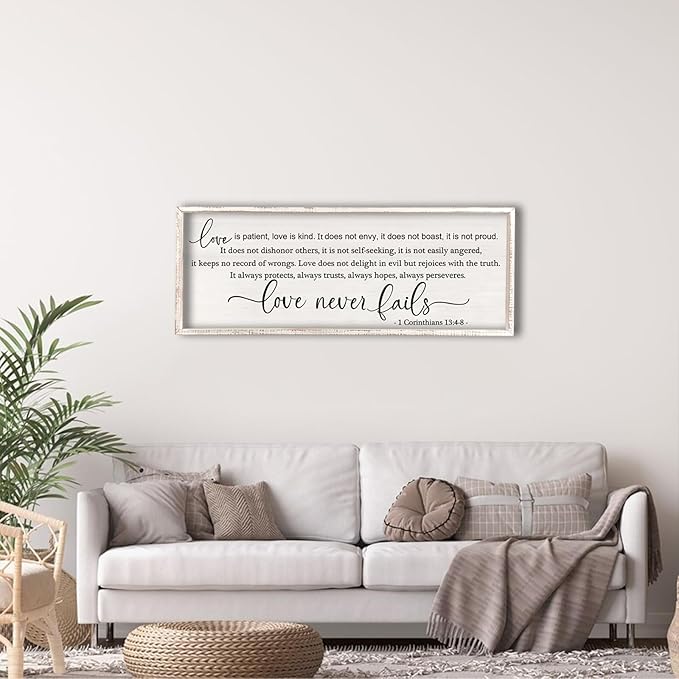 flowtorely Love is Patient, Kind Wall Art Decor 40"X15" Love Never Fails Sign 1 Corinthians 13 Bedroom Above Bed Large Bible Verse Quote Scripture Christianity Hanging Sign (White)-Ruum Studio Home