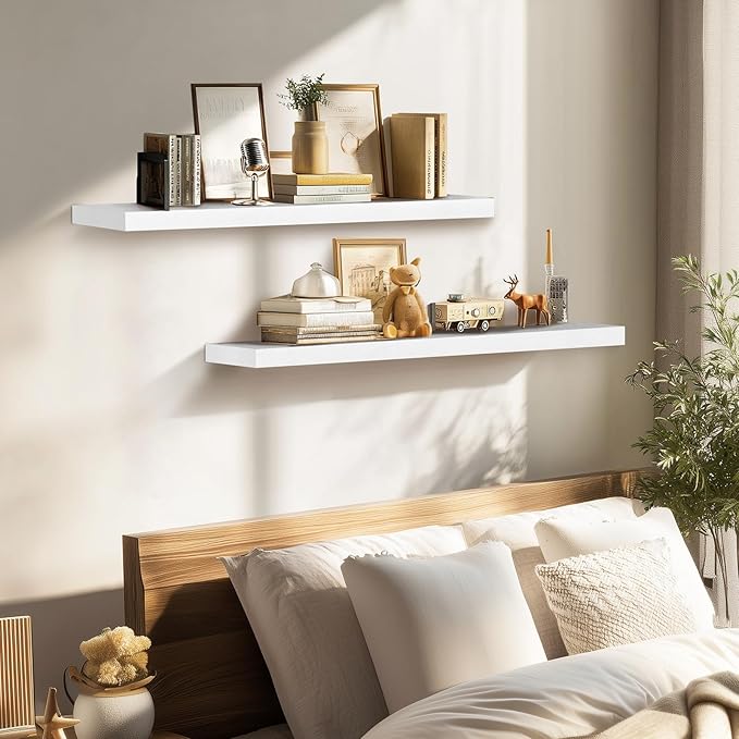 36"x6.8"x1.2" Solid Wood Floating Shelves 2-Pack - Rustic White Finish with Hidden Brackets, Perfect for Storage and Décor in Living Room, Kitchen, Bedroom-Ruum Studio Home