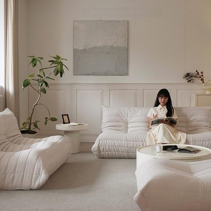 Luxury Sofa Couch Chair, Lazy Floor Seating, Fireside Bean Bag Chair, Ergonomic Tatami Sofa Lounger for Living Room, Bedroom, Office, 3 Seat, White-Ruum Studio Home