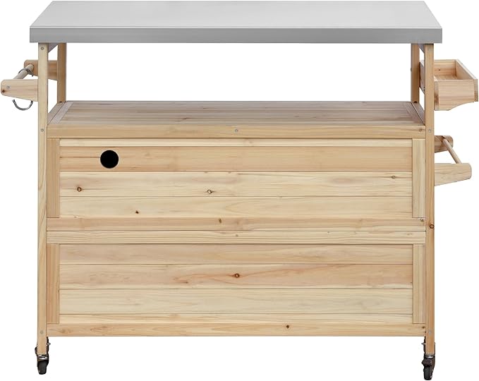 Outdoor Grill Table with Stainless Steel Top, Farmhouse Solid Wood Kitchen Island Cart with Internal Storage Rack, Outdoor Bar Cart with Storage Cabinet, Spice & Towel Rack, Natural-Ruum Studio Home