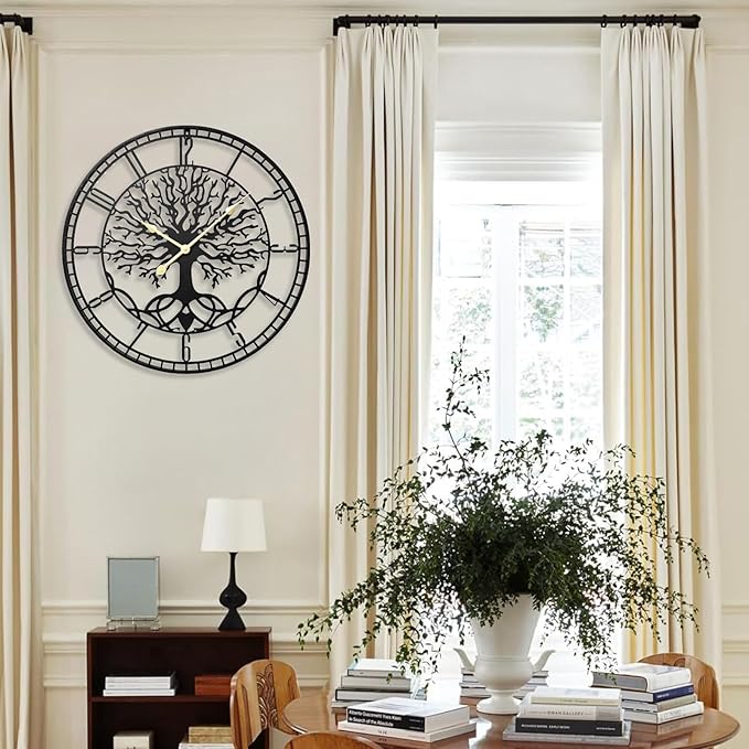 Tree of Life Wall Clock – Elegant 24-Inch Oversized Metal Farmhouse Decor for Living Room, Modern Battery Operated Wall Clock with Silent Operation-Ruum Studio Home