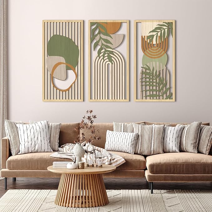 IARTTOP Boho Mid-century Modern Wood Wall Art 16x32 Inch Large Green Abstract Wood Wall Decor Mid Century Bohemian Artwork for Bedroom Living Room Office Kitchen Set of 3-Ruum Studio Home