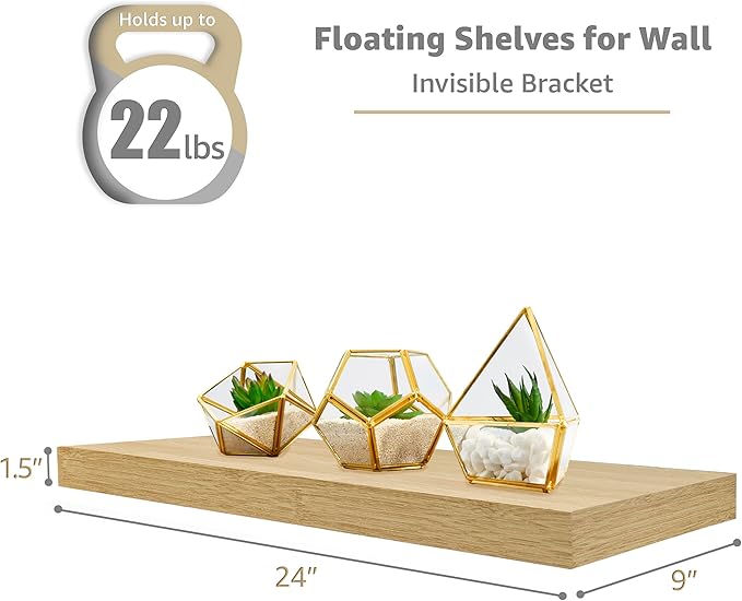 Sorbus Floating Shelves for Wall - 24" Bathroom Shelves, Wall Decor for Bedroom, Kitchen, Living Room, Home Decor & Book Storage - Mounted Floating Shelf with Invisible Brackets (Maple Wood, 2 Pack)-Ruum Studio Home