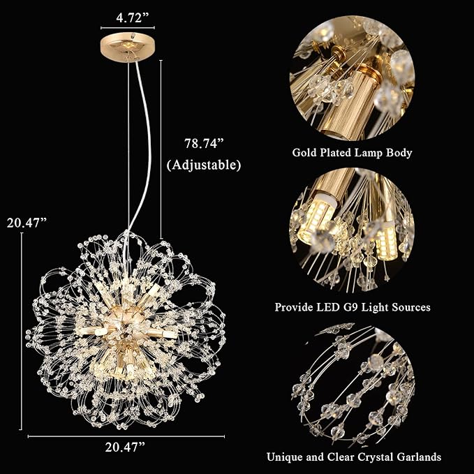 Modern Dandelion Chandelier, Sputnik Crystal Beaded Ceiling Lamp with Gold Finish, Round Sunflower Pendant Light Fixtures for Dining Room Bedroom Foyer Farmhouse (Gold 12Lights)-Ruum Studio Home