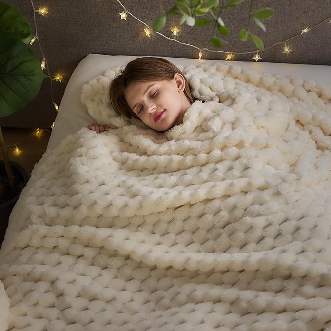 NEWCOSPLAY Super Soft King Blanket Ivory Premium Silky Flannel Fleece 3D Clouds Stylish Jacquard Lightweight Bed Blanket All Season Use 350GSM (Ivory, King(90"x110"))-Ruum Studio Home