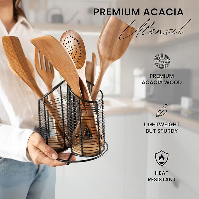 360° Rotating Kitchen Utensil Holder- 3 Compartment Organizer with Cork Bottoms | Includes Premium 9-Piece Acacia Wood Utensil Set | Professional & Home Luxury Design | Metal Utensil Crock (Black)-Ruum Studio Home