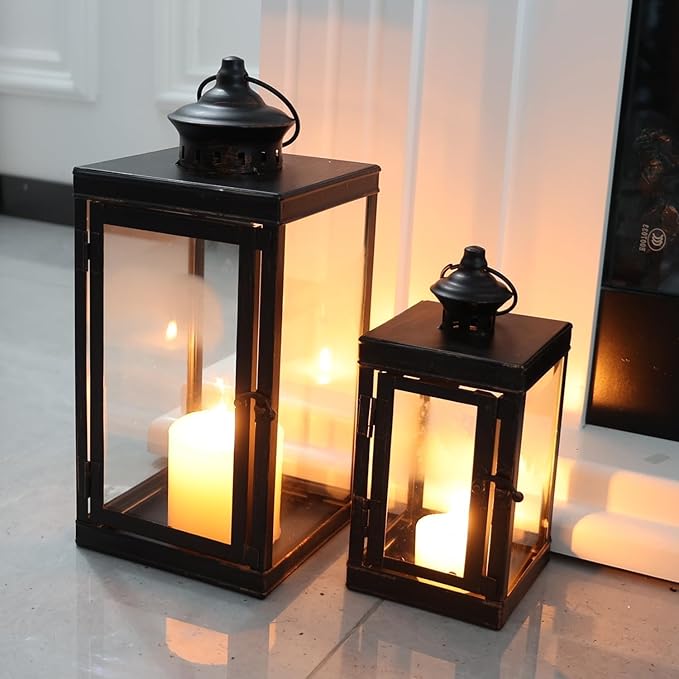 DECORKEY Large Lantern Decorative Outdoor & Indoor, Set of 2 (14’’&10’’) Metal Candle Lanterns Decor, Vintage Hanging Candle Holder for Front Porch Patio Wedding Farmhouse Home, Spring Decoration-Ruum Studio Home