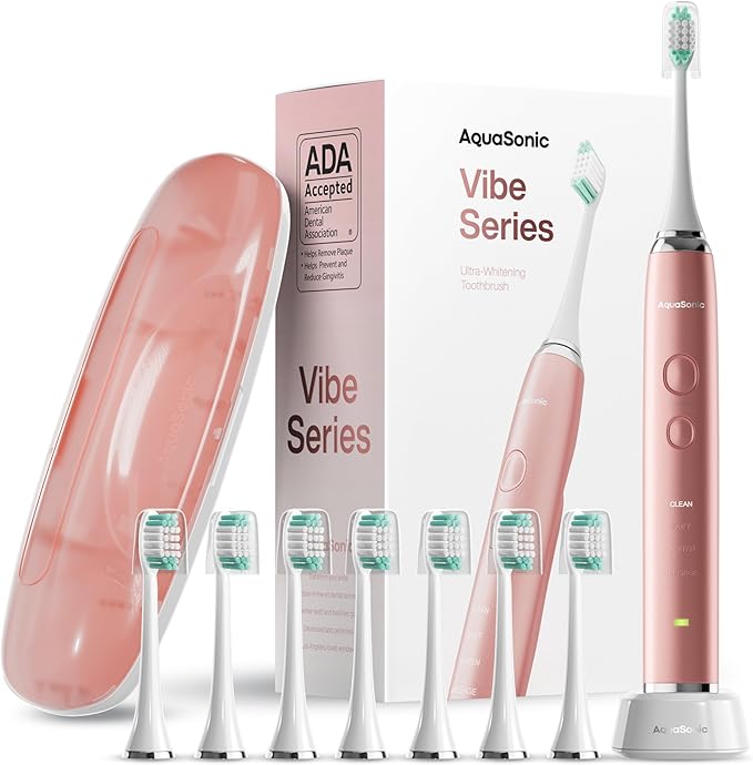 Aquasonic Vibe Series Ultra-Whitening Toothbrush – ADA Accepted Electric Toothbrush - 8 Brush Heads & Travel Case – 40,000 VPM Motor & Wireless Charging - 4 Modes w Smart Timer – Satin Rose Gold-Ruum Studio Home
