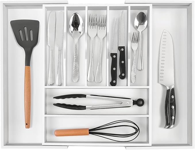 Bellsal Large Premium Bamboo Silverware Organizer - Expandable Utensil Drawer Organizer - 17"x19.6" Utensil Holder and Cutlery Tray with Grooved for Kitchen Flatware and Utensils(7-9 Slot, White)-Ruum Studio Home