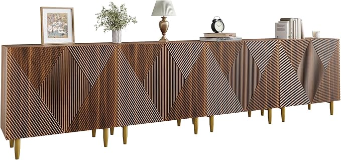 Set of 2 Fluted TV Stands with Storage, 65 Inch Accent Sideboard Large Console Table with Adjustable Shelves, Mid Century Modern TV Cabinets for Living Room, Dining Room, Walnut-Ruum Studio Home