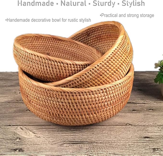 3 Pack Hadewoven Round Rattan Fruit Basket Wicker Food Tray Weaving Storage Holder Dinning Room Bowl, 10 Inch Small Wicker Basket Serving Tray Woven Basket for Bread,Snack,Brown(3-Size Kit)-Ruum Studio Home