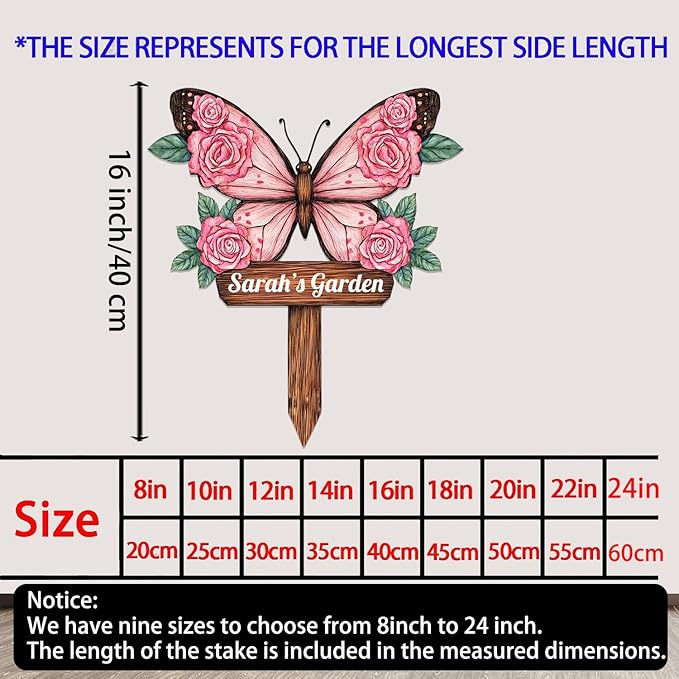 Personalized Butterfly Metal Sign with Stake,Custom Gardener Last Name Signs Outdoor Decorate,Customized Garden Accessories Decor for Mother's Day,Rose Flowers Plaques for Patio Lawn Porch Backyard-Ruum Studio Home