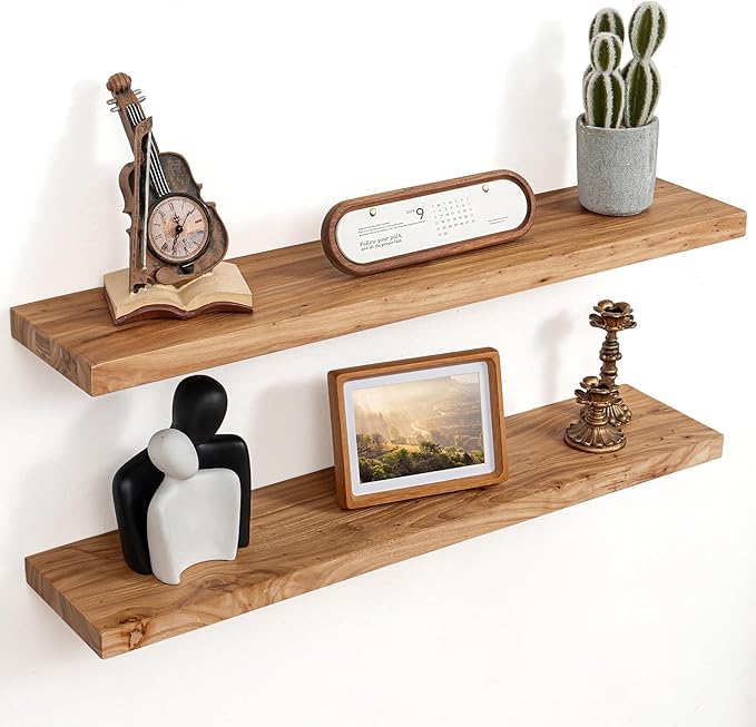 Floating Shelves for Wall Decor, 8" Deep Rustic Solid Elm Wood Floating Shelves Wall Mounted, Wall Shelves with Invisible Bracket for Living Room Bathroom Bedroom Kitchen, 36 Inch Set of 2, Natural-Ruum Studio Home