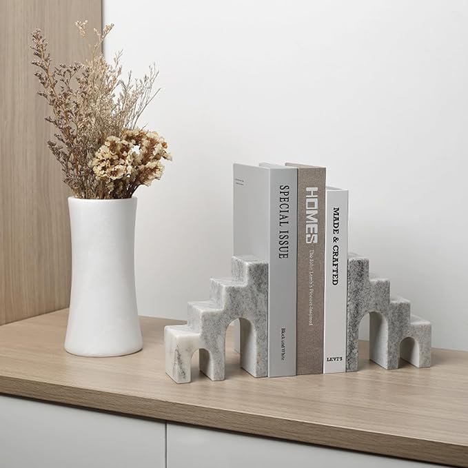 Natural Marble Book Ends for Shelves, Decorative Bookends for Heavy Books, CastleGuard Bookend Book Holder Stopper for Home Office Desk Bookshelf Decoration, Set of 2 (Mist Grey)-Ruum Studio Home