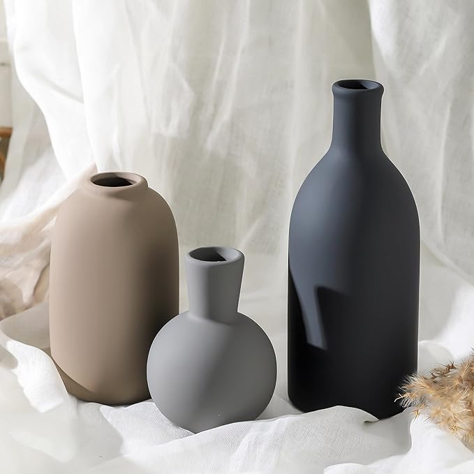 Ceramic Vase Set of 3, Rustic Farmhouse Vases Home Decor Pottery Pampas Vase Decoration Modern Neutral Flowers Vases for Room Decor, Entryway, Living Room, Table, Kitchen, Bedroom - Multicolor-Ruum Studio Home