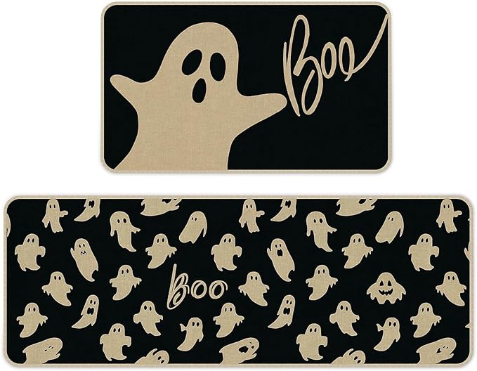 Halloween Kitchen Mat Set of 2, Ghosts Boo Halloween Kitchen Decor, Halloween Rug for Floor, Indoor Spooky Home Decor with Non-Slip Backing,17 x 29 Inch & 17 x 47 Inch-Ruum Studio Home