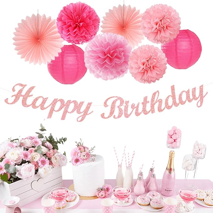 Hot Pink Birthday Party-Decorations Paper-Flowers - 14pcs Happy Banner Girl Lanterns Tissue Pom Poms,Women Streamers Garland Fans,21st 18th Princess Baby Sweet 16 Pretty Hanging Supplies Decor Hugfond-Ruum Studio Home
