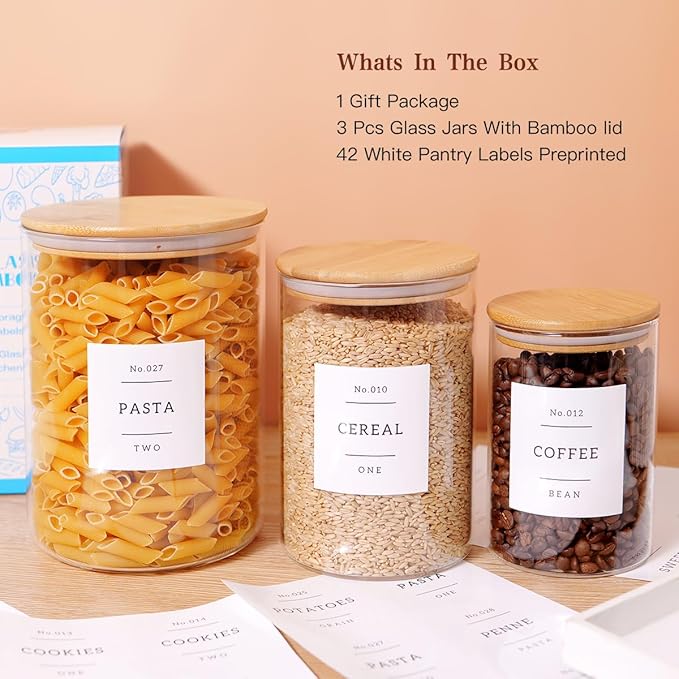 3 Pcs Glass Canisters with Airtight Bamboo Lids and 42 Kitchen Pantry Labels Preprinted - Clear Glass Flour and Sugar Storage Container Set - Large Glass Jars with Wood Lids(100 OZ/54 OZ/27 OZ)-Ruum Studio Home
