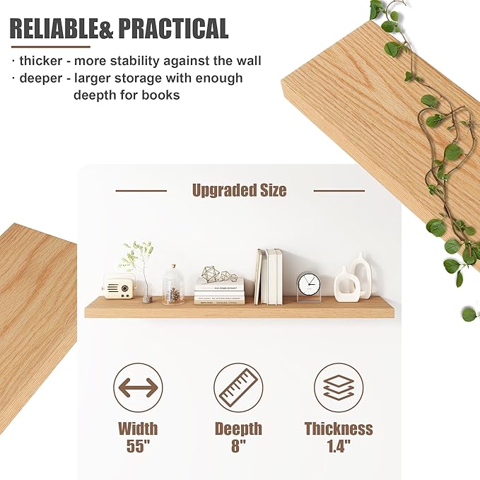 Floating Shelves for Wall, USA-Sourced Oak Wood 55 Inch Long Wall Shelves, Natural Wooden Wall Mounted Picture Ledge Shelf, Nursery Book Storage Shelf Kids Bookshelf, Display Shelf for Bathroom-Ruum Studio Home
